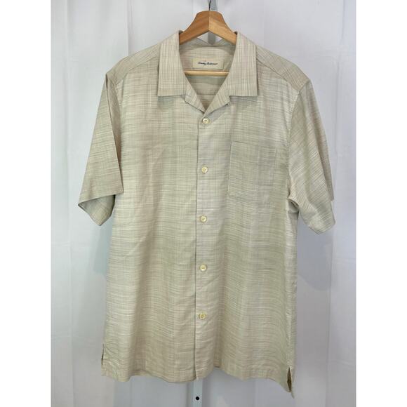 TOMMY BAHAMA Size L Silk Cotton Button Front Short Sleeve Collared Shirt Beige - Picture 1 of 10